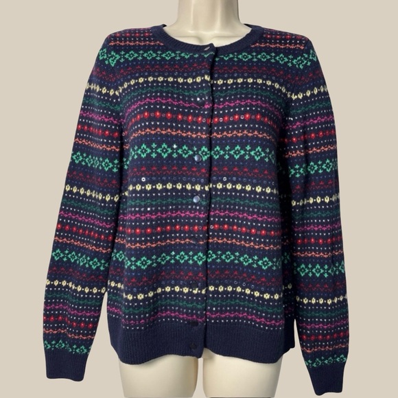 Talbots Sweaters - Talbots Fair Isle Navy stripe Lambswool Sequin Cardigan Sweater Cottagecore SZ L